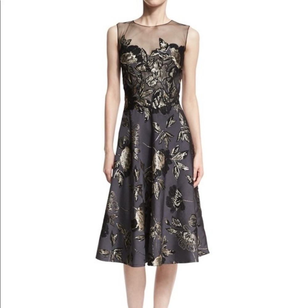 Teri Jon by Ricki Freeman Sheer Metallic Formal Dress Wedding Guest Size 14